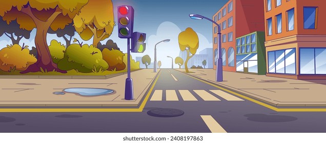 Autumn city street with road crossing and park. Vector cartoon illustration of pedestrian crosswalk in town, traffic light and puddle on wet pavement, yellow trees and bushes, cityscape buildings