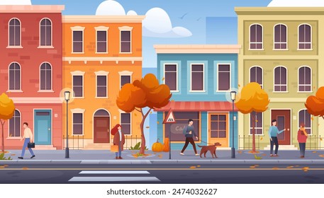 Autumn city street. Urban building scene view with colorful houses, walking people, trees, roadway, apartment exterior, cafe. Horizontal cityscape. Town landscape with buildings. Halloween banner 