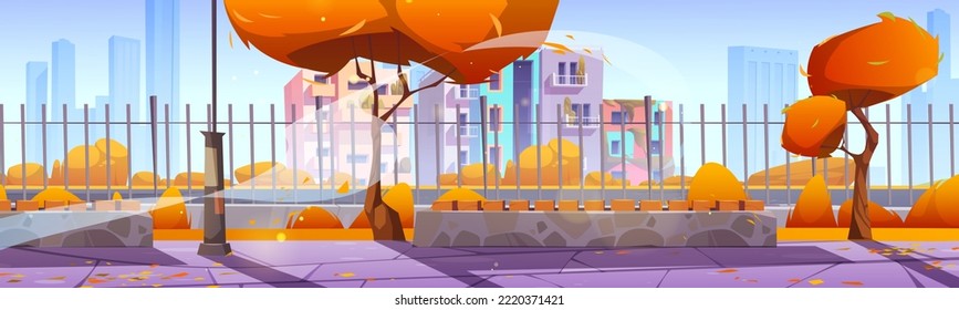 Autumn city street with yellow foliage on trees, benches and metal fence along river, town buildings on background. Cartoon vector illustration of empty public garden, orange leaves flying in air