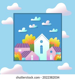  Autumn city through a square window against the blue sky and clouds. The concept of clean skies, clean air, ecology, clean city. 