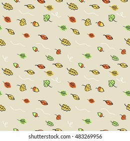 Autumn in the city. Vector illustration. Flat seamless pattern of falling leaves on grey background