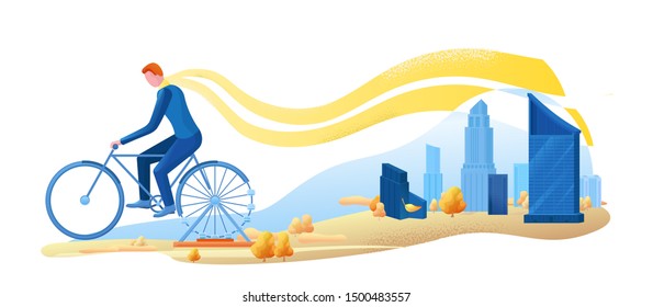 Autumn city view landscape, man cycling and ferris wheel at the park, modern urban scenery background, leaves fall, cartoon cityscape with bicycle, vector illustration