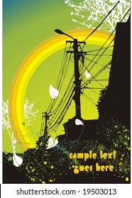 autumn city view,power line leaves,rainbow,vector illustration