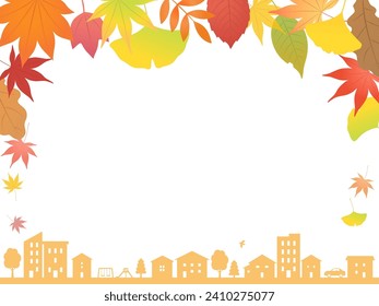 Autumn cityscape and autumn leaves background frame