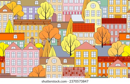 Autumn cityscape seamless pattern with houses and trees, cartoon flat style. Can be used as seamless background, wallpaper, wrapping paper, textile, fabric, etc. Vector
