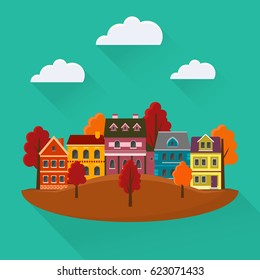 Autumn cityscape. Urban landscape in the fall with small cute houses and mountains. EPS10 vector illustration in flat style.