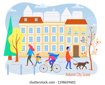 Autumn cityscape vector flat illustration. City scene.