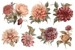 Autumn Clip Art Dahlia Flowers, Seamless Decorative Pattern Elegant Print