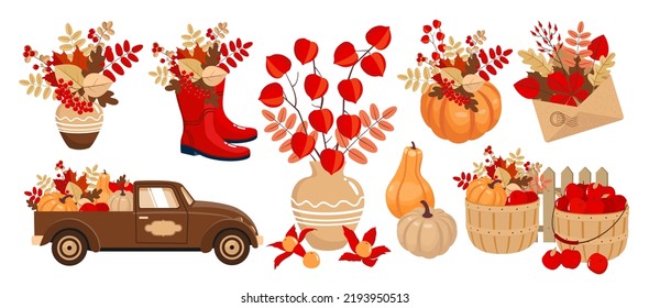 Autumn clip arts set with pumpkin, apples, truck, foliage, envelope. Vector illustration.