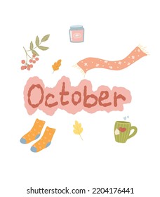 Autumn clipart. Cute autumn illustration for postcard, web. October, warm socks, tea, knitted scarf.

