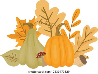 Autumn clipart design with dry maple leaves, pumpkins, mushrooms and pinecones