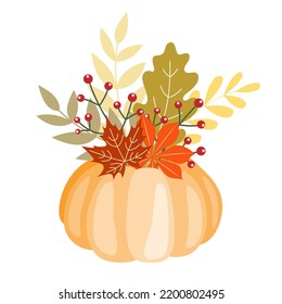 Clíparte de otoño con calabaza, roble y hojas de arce. Ilustración vectorial dibujada a mano en colores cálidos. Elementos para el diseño para las vacaciones de cosecha, Acción de Gracias, Halloween, estacional, textil, scrapbooking.