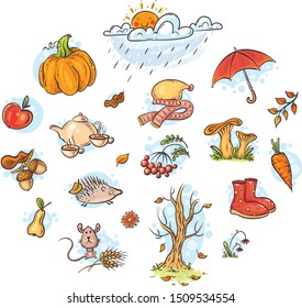 Autumn clipart set, cartoon vector illustration, hand-drawn, colorful