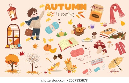 Autumn clipart set. Autumn element vector set. Fall element. Tree, kid, honey, book, tea, window, pumpkin, wool yarn, umbrella, lamp, scarf. Flat vector in cartoon style isolated on white background.