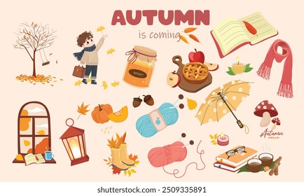 Conjunto de Clipart de otoño. Conjunto de Vector de elemento de otoño. Elemento de caída. Árbol, niño, miel, libro, té, ventana, calabaza, hilo de lana, paraguas, lámpara, bufanda. Vector plano en estilo de dibujos animados aislado sobre fondo blanco.