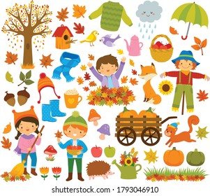 Autumn clipart set with kids, autumn leaves, forest animals and other symbols of fall.