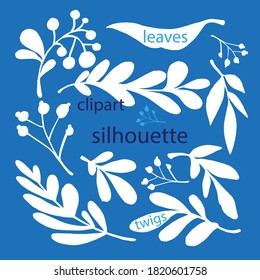 Autumn clipart silhouette of twigs, white leaves vector. Illustration for design, clipart for postcards, calendars, textiles.
