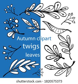 Autumn clipart twigs, leaves vector in black and white. Illustration for design, clipart for postcards, calendars, textiles.