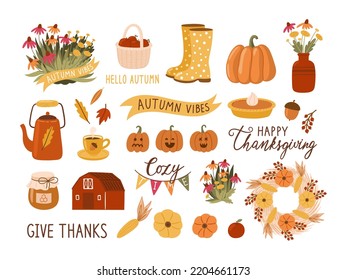 Autumn clipart vector hand drawn set for stickers and greeting cards