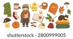 Autumn clipart vector set. Cozy fall season elements with cute boy, cat, pumpkin, teapot, mushrooms, leaves, sweater, books and warm harvest illustrations