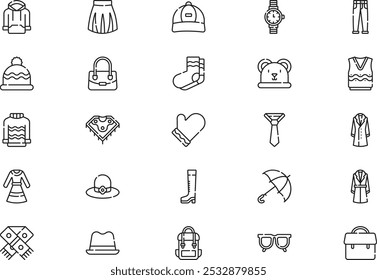 Autumn clothes and accesories icons collection is a vector illustration with editable stroke.