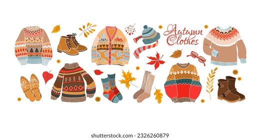 Autumn clothes and accessories flat style. Warm sweater and shoes with lettering.