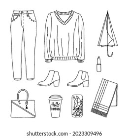 Autumn clothes clip art. Doodle line art set. Stock vector illustration.