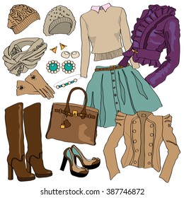 Autumn clothes collection for young women, girl. Vector illustration for fashion adult wear design. Vogue outfits icons set isolated on white background. Shirt, hat, clutch, suit feminine fall clothes