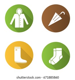 Autumn clothes flat design long shadow glyph icons set. Raincoat, warm socks, watertight, closed umbrella. Vector silhouette illustration
