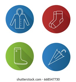 Autumn clothes flat linear long shadow icons set. Raincoat, warm socks, watertight, closed umbrella. Vector outline illustration