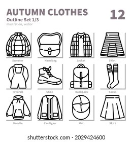 Autumn clothes icons set, Detailed Outline, vector and illustration set 1