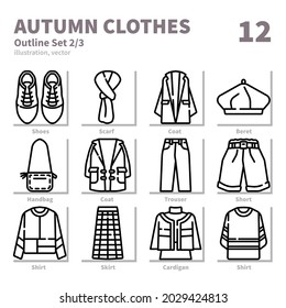 Autumn clothes icons set, Detailed Outline, vector and illustration set 2