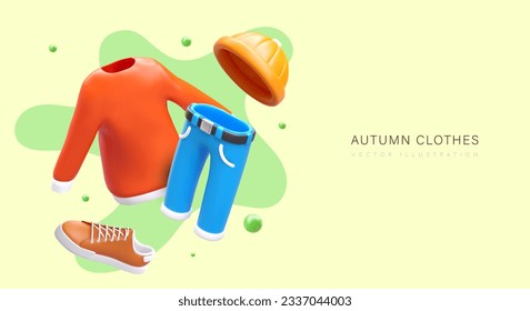 Herbstkleidung. Neue Kollektion. Realistischer Pullover, Jeans, Hut, Turnschuhe. Werbeplakat im Cartoon-Stil. Konzept auf buntem Hintergrund. Ort für den kommerziellen Text