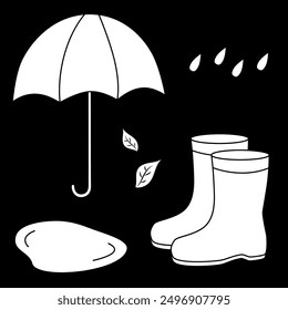 Autumn clothes and objects. Black and white vector illustration. Rubber boots, umbrella, puddle, raindrops, leaves. Drawing of autumn elements