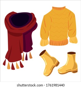 Autumn clothes: scarf, sweater, galoshes