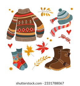 Autumn clothes set flat style. Warm fall clothes and accessories. Cartoon vector illustration. Isolated collection of stickers on white background for your design.