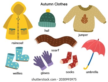 Autumn clothes set with raincoat, jumper, hat, wellies. Fall season outfit collection in cartoon stye. Vector illustration