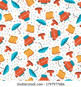 Autumn clothes vector cartoon seamless pattern on white background.