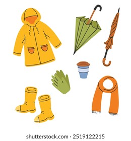 Ropa de otoño. Ilustración vectorial de un conjunto de impermeable amarillo, botas, bufanda y paraguas. El concepto de calidez y confort. Tonos cálidos. 