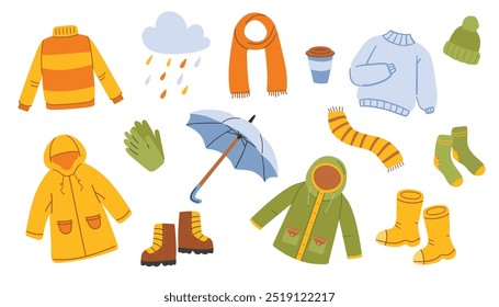 Ropa de otoño. Ilustración vectorial de un conjunto de impermeable amarillo, botas, bufanda y paraguas. El concepto de calidez y confort. Tonos cálidos. 