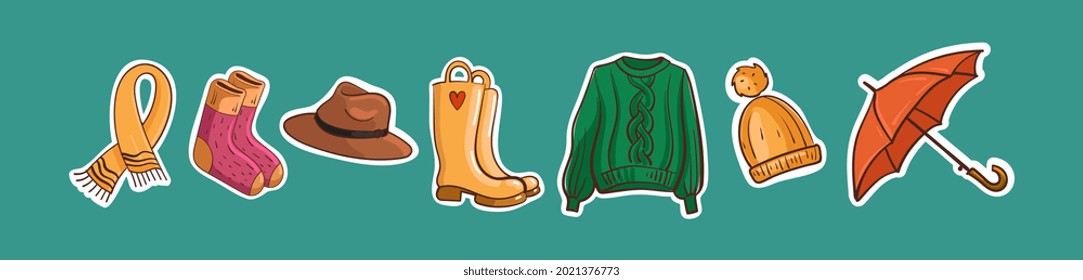 Se establecen stickers vectoriales de ropa de otoño. Ilustración vectorial.