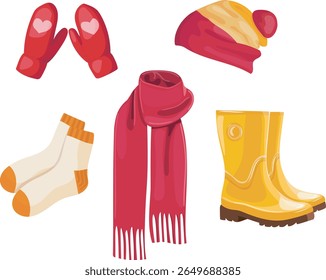 Autumn clothes in yellow and red colors on white background