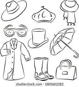 
Autumn clothing and accessories. A sketch of warm clothes. Umbrella, hat, boots, scarf and glasses