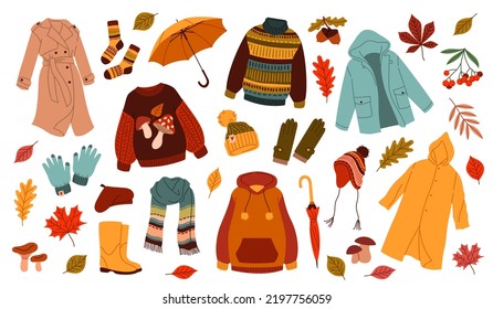 Autumn clothing. Casual wears, outdoor outfits, rainy season accessories, shoes, raincoats and gloves, warm sweaters and hats, umbrella and orange leaves, tidy vector cartoon flat set