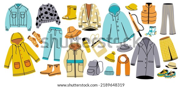 Autumn
clothing. Doodle seasonal warm wearing and accessories, cozy
sweater coat and pants, waterproof and rain boots. Vector fashion
isolated set of warm wear autumn
illustration