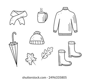 Autumn clothing icon doodle style. Vector illustration of autumn concept elements, sweater scarf coffee cup leaves