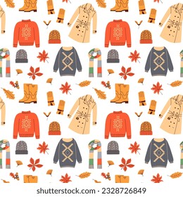 Autumn clothing pattern. Casual wears, outdoor outfits, rainy season accessories, shoes, raincoats, gloves, leaves.