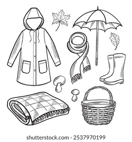 Ropa de otoño y paraguas. Chubasquero, bufanda y botas de goma. Cesta con manta, setas y hojas. Establece un boceto de Vector. Ilustraciones de línea, dibujado a mano aislado. Clipart para tarjeta, impresión, Sitio web.