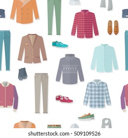Autumn clothing vector seamless pattern. Jacket, sweater, coat, shoes, sneakers, pants, shirt, scarf vector illustrations on white background. For goods wrapping paper, stores ad, prints, web design