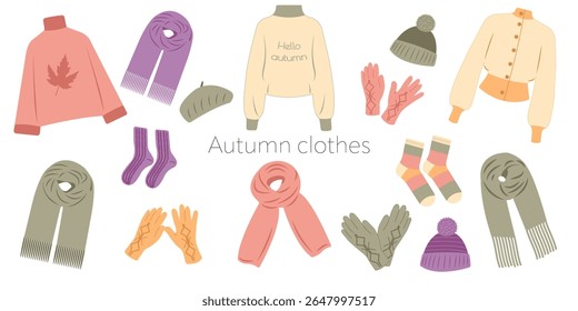 Vetor de roupas de outono conjunto estilo liso - suéteres, lenços, chapéus, luvas e meias para desenhos sazonais. Ilustração desenhada à mão para banners, cartões, mídias sociais